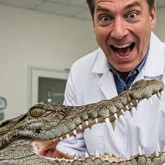 Professeur qui regarde les dents d'un crocodile