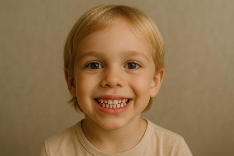 Jeune garçon qui montre ses dents de lait en souriant
